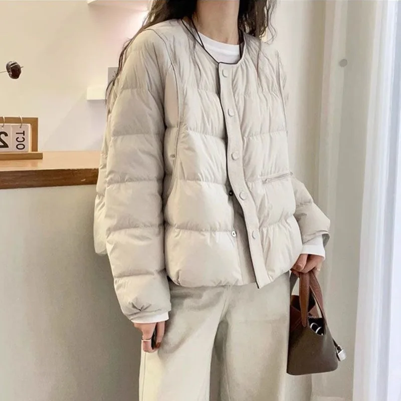 2025年冬 ホワイトダックダウン ダウンジャケット レディース シングルブレスト おしゃれ 欧米風 ルーズ ラウンドネック ブレッドジャケット