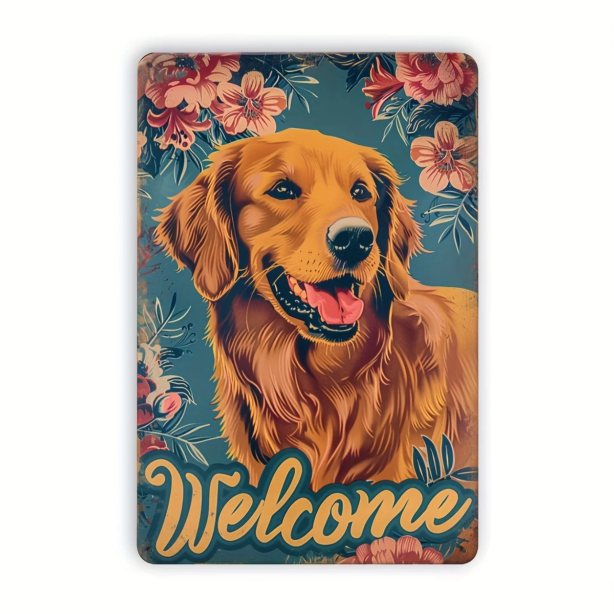 Golden Retriever Dog Welcome Sign, Iron Metal Tin Wall Art, Floral Background, Home & Garden Decor, Cafe Bright Warm Artwork,