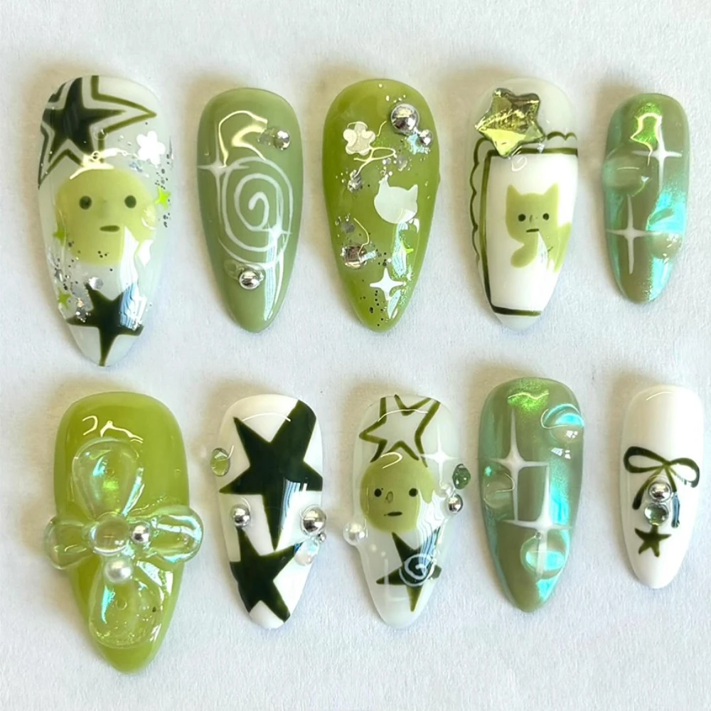 Press On Nails 2024 New Cute Pink INS Y2K Green Star 3D Medium Almond Handmade ABS Material Nail Art Salon Nails