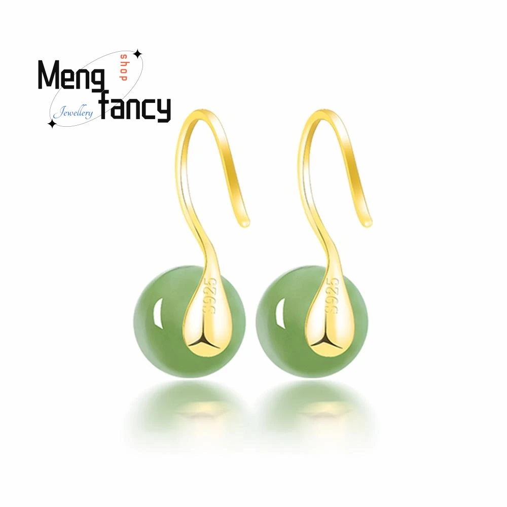 Spinach Green S925 Silver Inlaid Natural And Field Jade Jasper High Heels Jade Earrings Senior Sense Of Temperament Earrings