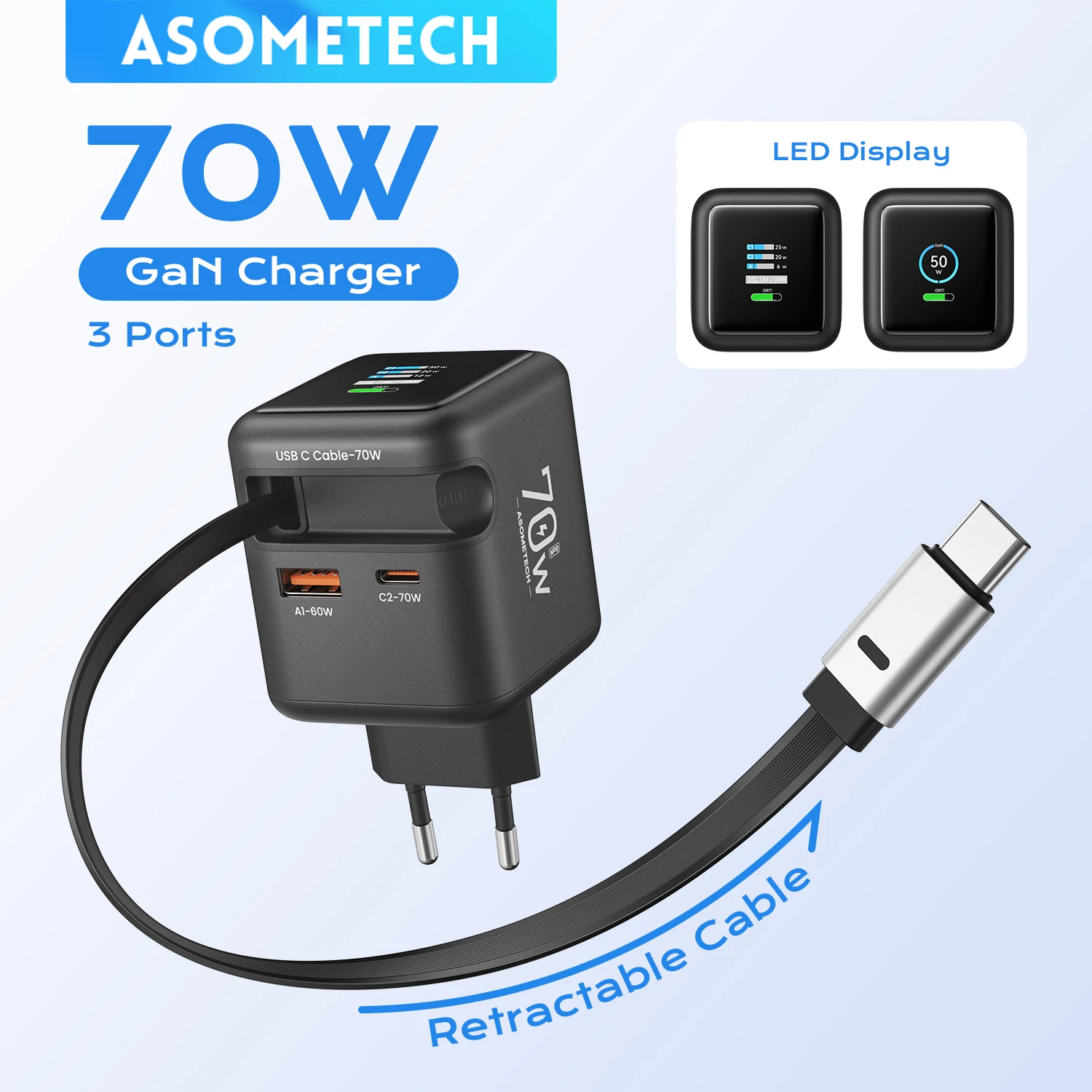 Ładowarka ścienna ASOMETECH 70W GaN USB-C z wysuwanym kablem, wyświetlaczem cyfrowym, szybkim ładowaniem PD3.0 QC4.0 PPS do MacBooka, iPhone'a 17 16 Pro Max, tabletu Samsunga, laptopa