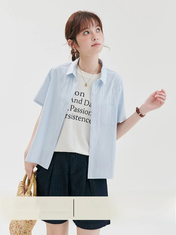 Original North Island AMUU Blue Embroidered Bird Single Button Women's Short Sleeve Shirt Summer New Style Loose Fit Cotton B...
