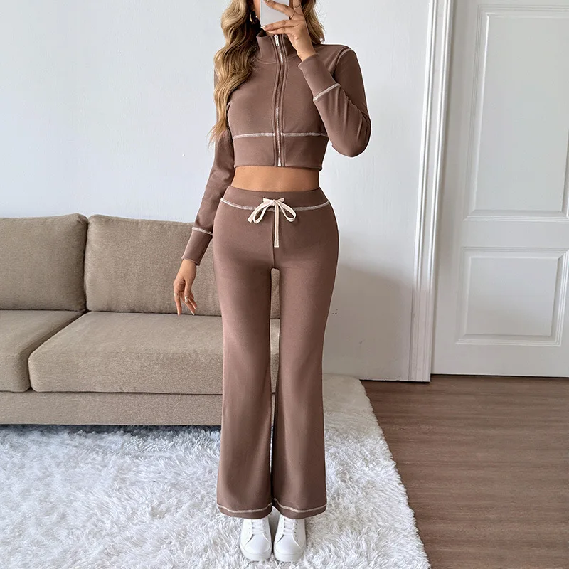 2025 Otoño e Invierno Tops cortos traje Casual mujer moda deportes chaqueta de manga larga pantalones conjunto de dos piezas