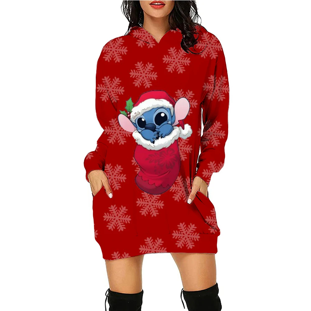 New Disney Stitch print Hoodie Dress Sweater Fashion Disney Dress Sweatshirt Dress 3d Allover Printing Women\'s Hoodie