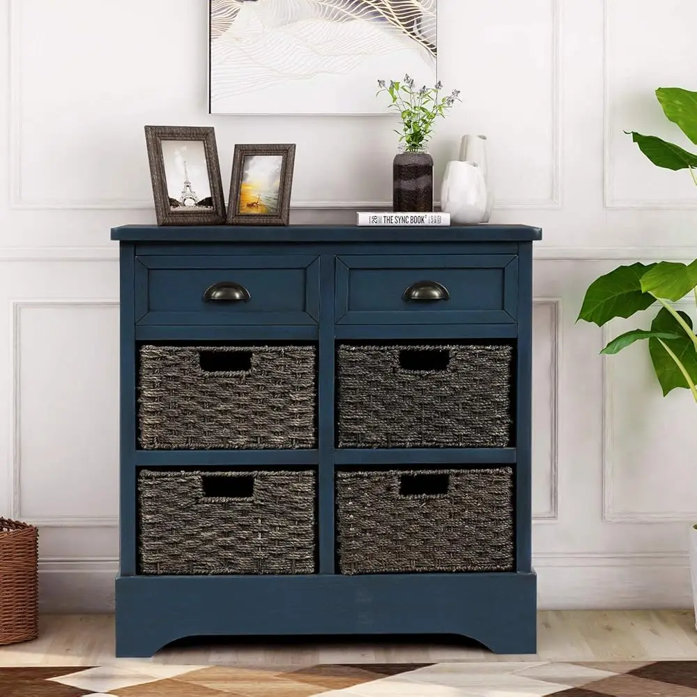 

Fransoul Rustic Storage Cabinet With 2 Drawers And 4 Classic Rattan Basket Buffet Sideboard For Kitchen/Dining Entryway/Living