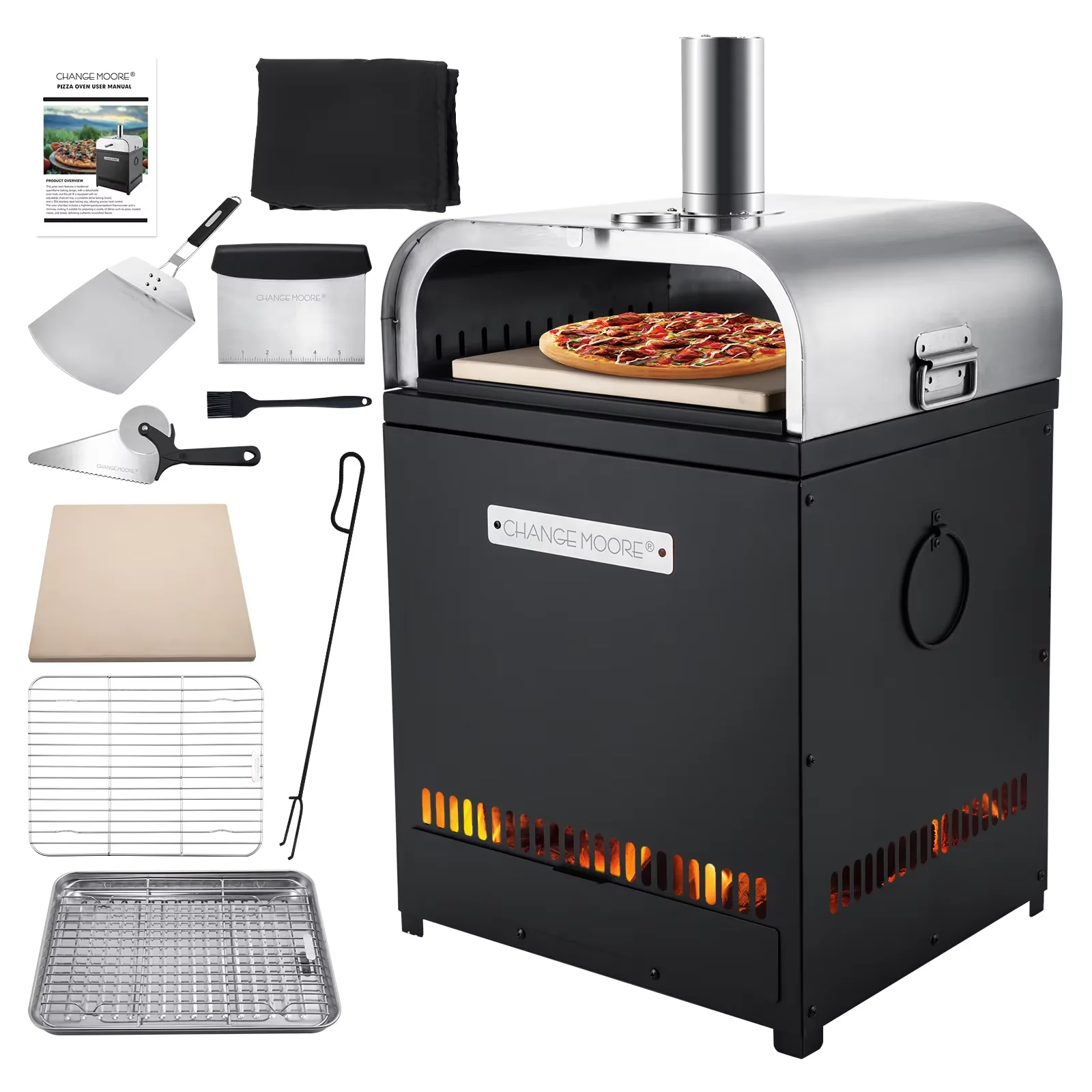 CHANGEMOORE Outdoor Wood Fired Pizza Oven Grill Top with Built-in Thermometer, Suitable on Charcoal and Gas Barbecue Grills