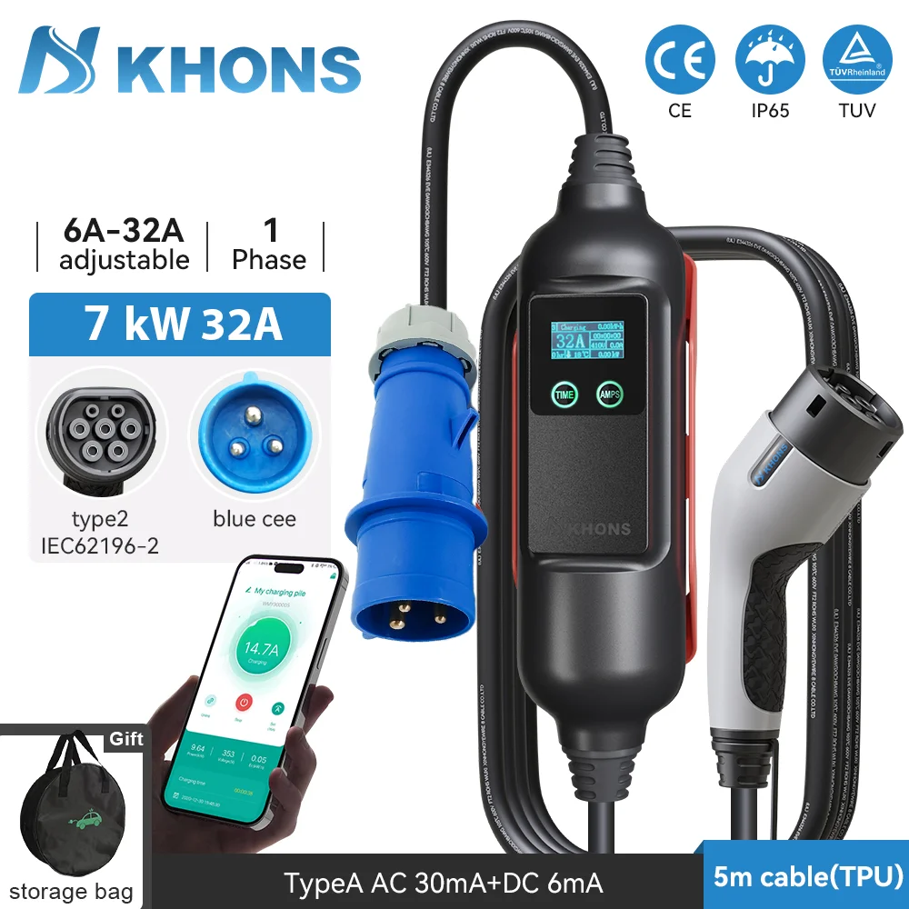 Khons 7KW Type2 Portable EV Charger 32A 1Phase Electric Car Charger Connection Control Electric Vehicle Charger Via APP 5m Cable