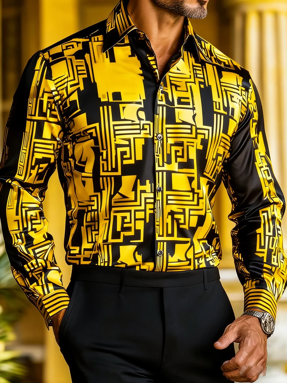 Men's spring summer new high-end long-sleeved shirts high-definition printed lapel shirts Hawaiian beach vacation social shirts