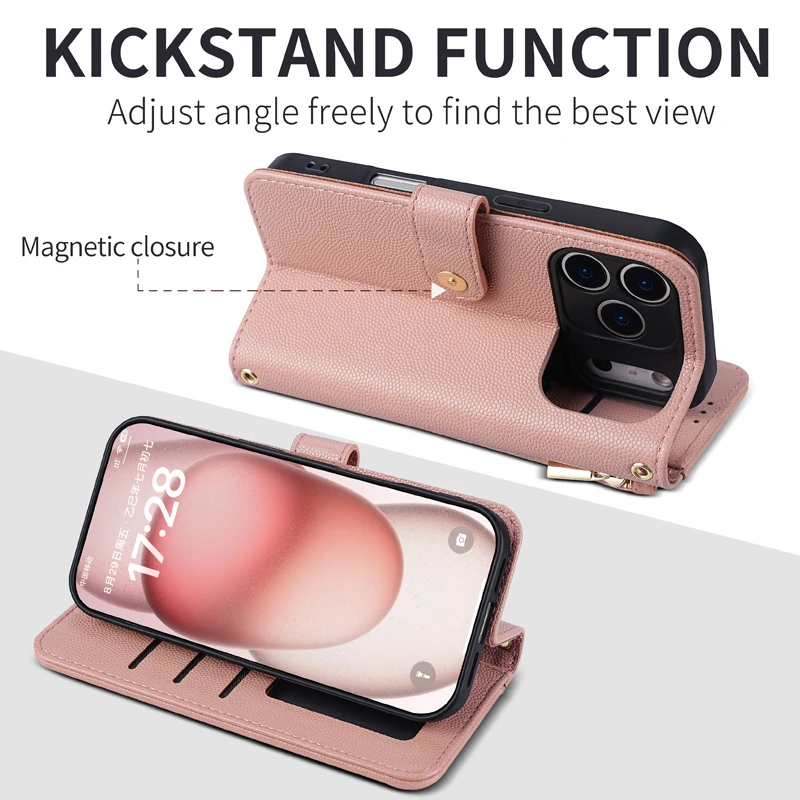 حافظة محفظة شبكية كروس لهاتف آيفون اير 17 برو ماكس 16 بلس 15 برو ماكس 14 برو 13 حافظة جلدية بحزام بطاقات مرآة فتحة نقدية #4