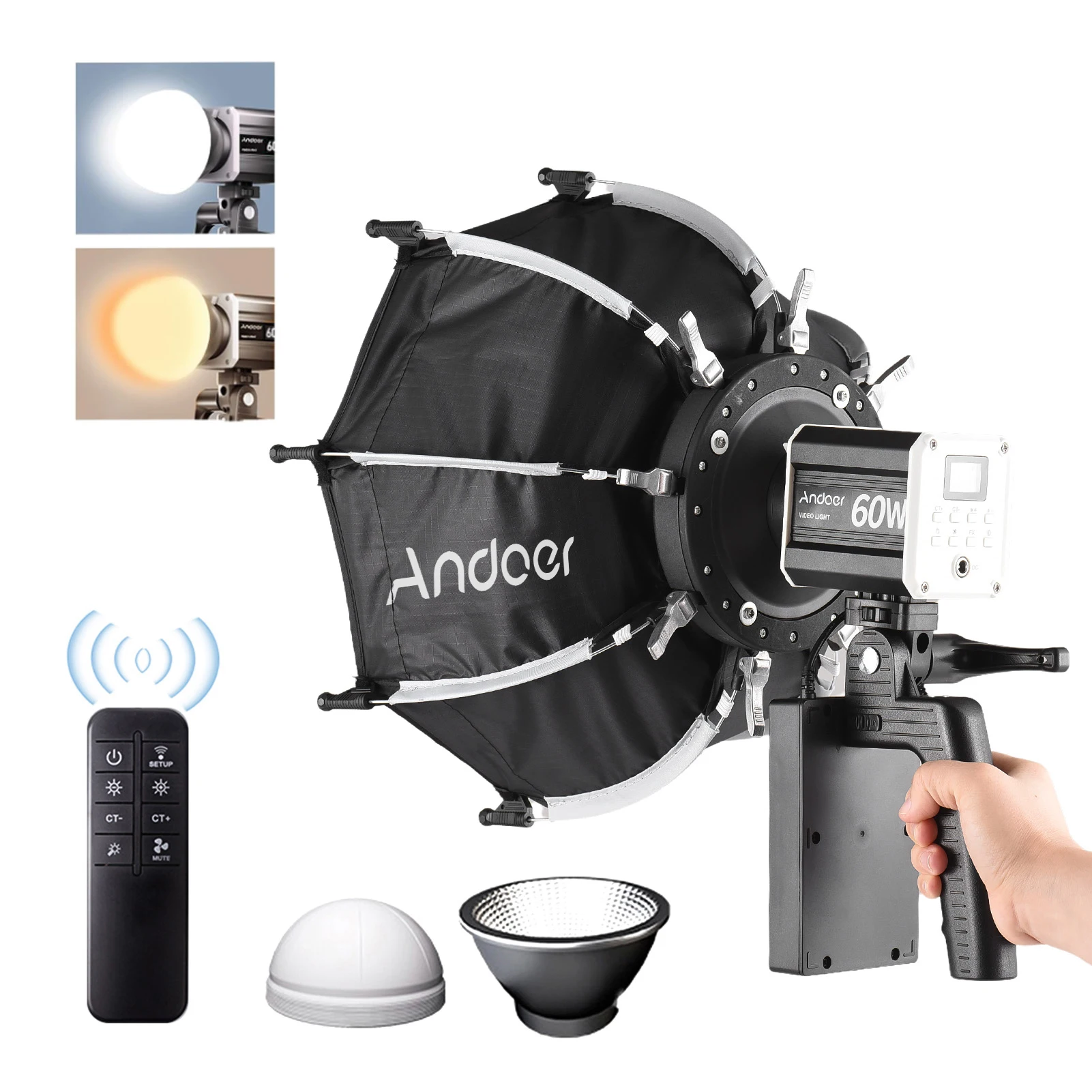 

Портативный светодиодный видеосвет Andoer 60W COB для фотосъемки, 2800K-6800K, с регулировкой яркости, 9 FX-эффектов и восьмиугольным софтбоксом-рефлектором