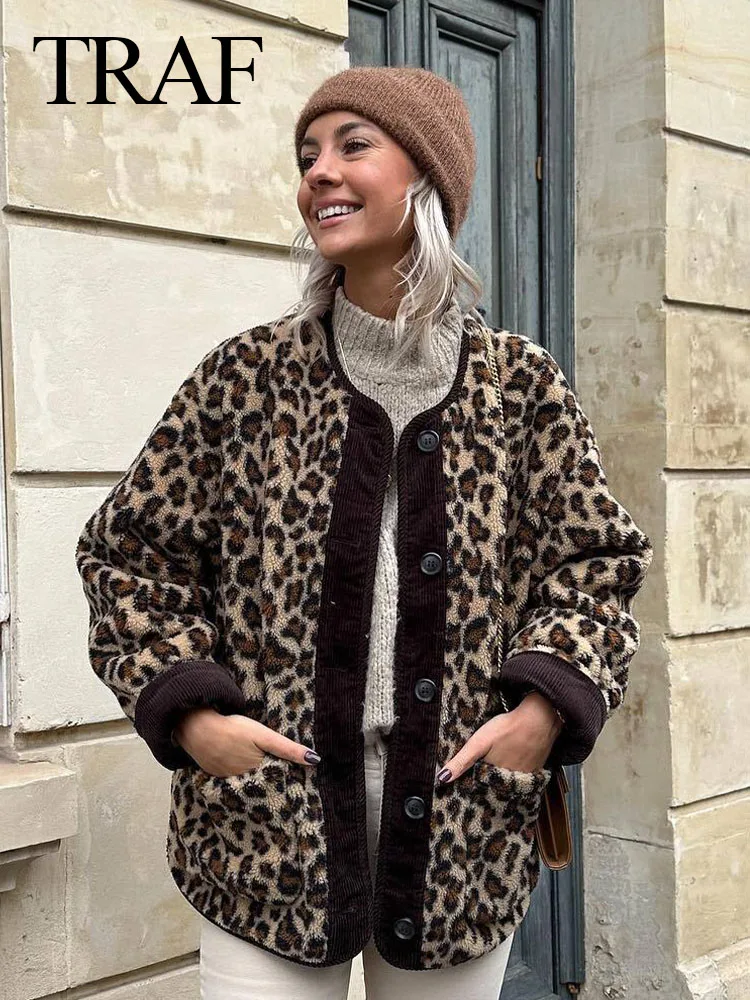 TRAFZA 2024 Women\'s Coat Fashion Vintage Leopard Print Warm Wool Single Breasted Pockets Loose Jackets Woman Chic Streetwear