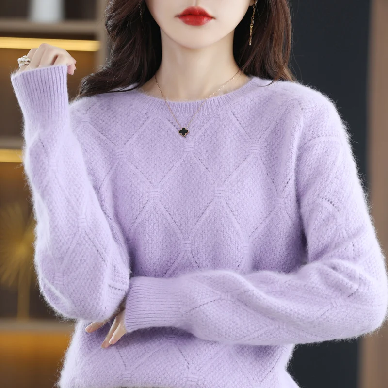 100% Mink Cashmere Sweater Women's O-neck Knit Pullover 2024 Autumn/Winter New Loose Long Sleeve Hollow Out Outerwears Hot Sales