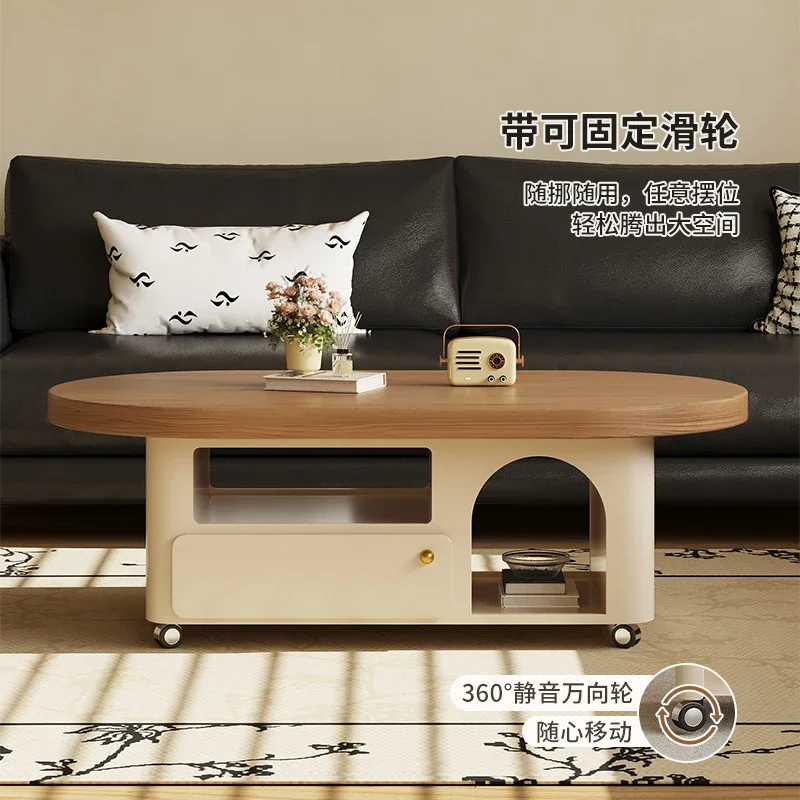 Mid-Century Cream-Style Solid Wood Coffee Table For Living Room, Compact, High-Grade Oval Shape, With Wheels For Movability