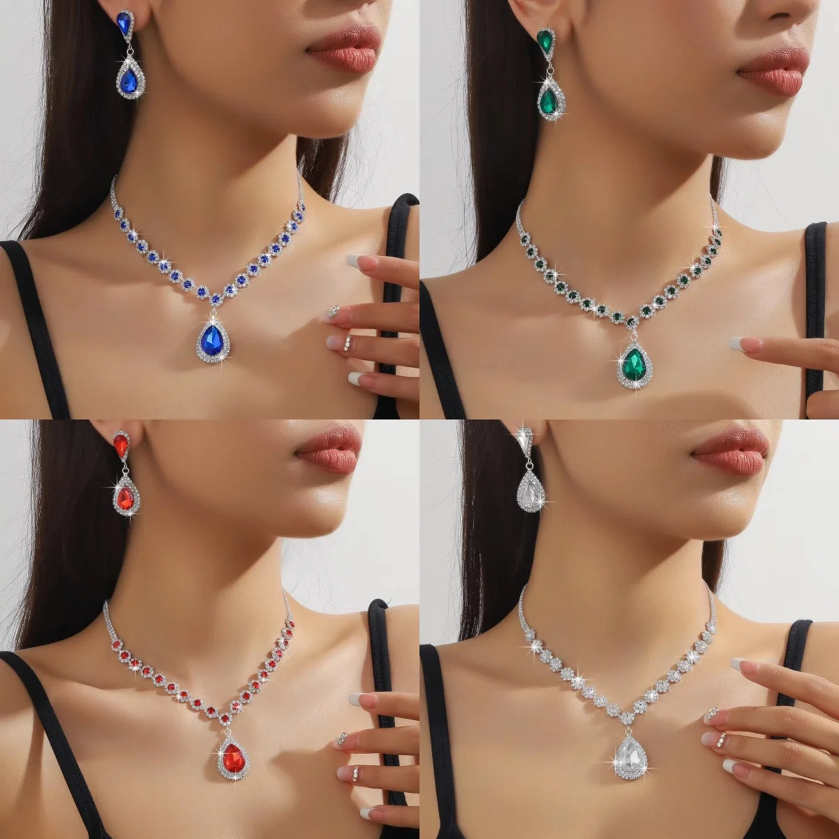 Ladies' Red Carpet Appearance Necklace Earrings 2-piece Set Four Color Optional Waterdrop Banquet Wedding Dress Set