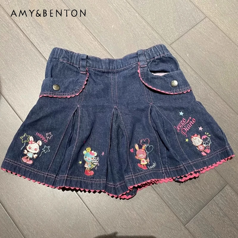 

Japanese Women's Clothing Summer Cartoon Printing Heavy Industry Embroidery Mini Skirt Versatile Thin Denim Skirts Pants Girl