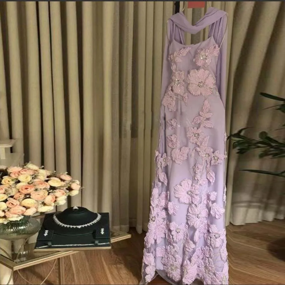 

Customized Embroidery Spaghetti Strap Evening Dress with Scarf Floral Flower Mermaid Prom Dresses Beading Embellished vestidos