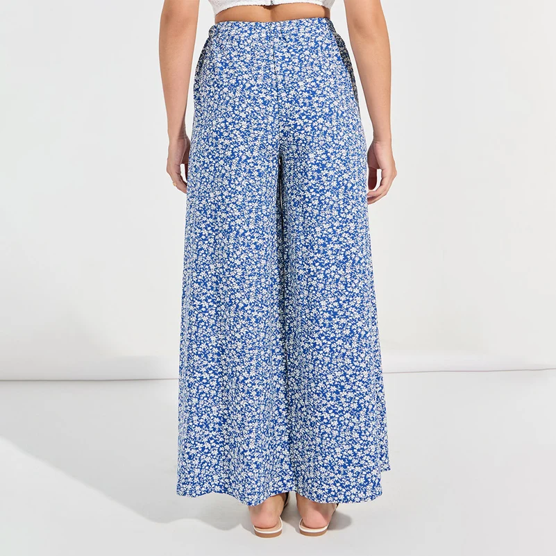 Plus Size Women\'s Floral Print Trousers Elastic Waist Loose Wide Leg Trousers with Pockets