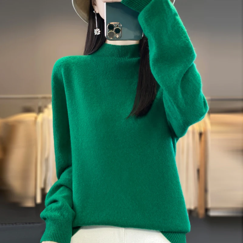 Autumn Wool Cashmere Sweater Women Winter New Half High Neck Solid Color Long Sleeve Basic Knitted Casual Warm Pullover Jumper