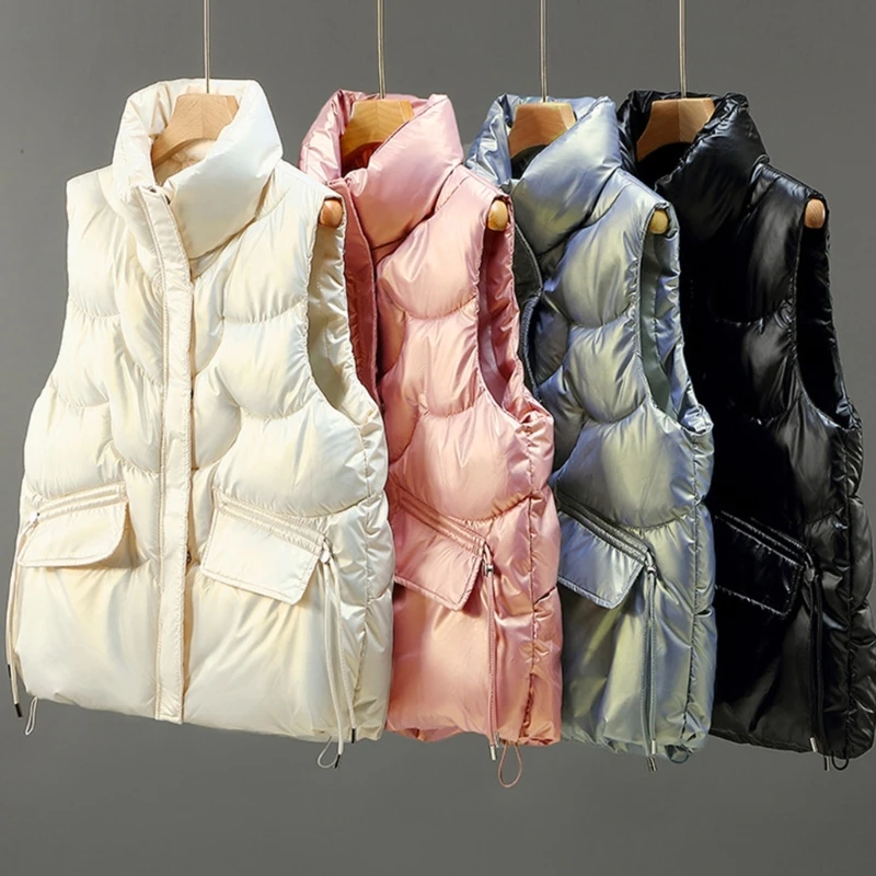 Gilet chaud sans manches pour femmes, vêtements d'extérieur, col montant, fermeture éclair, brillant, solide, rembourré, avec poches, D10, 22 gouttes