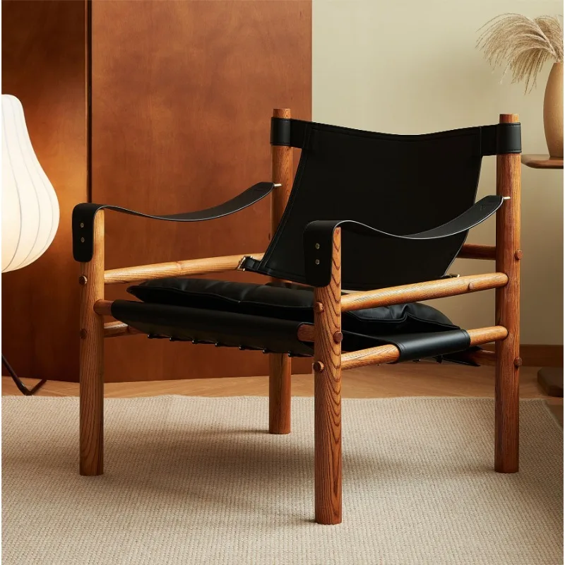 الشمال الرجعية خشب متين كرسي أريكة واحد غرفة المعيشة شرفة السرج الجلود مصمم الرماد الخشب كرسي من الجلد البني #6