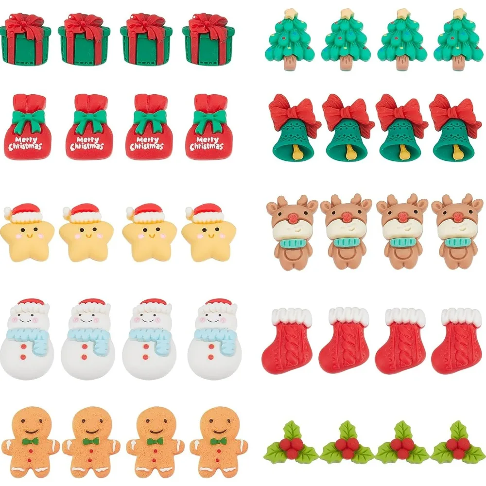 1 Box 40Pcs 10 Styles Christmas Cabochons Christmas Flat Back Charms Christmas Tree Snowman Gingerbread Man Winter Cabochon