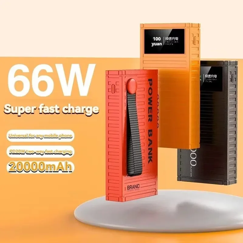 Banco de potência de carregamento rápido com grande capacidade, banco de potência móvel universal, 66W, 20000mAh, iPhone, Huawei, novo recipiente