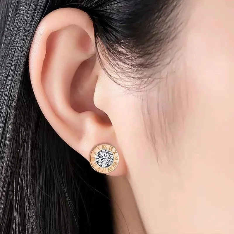 2Pcs 316 Stainless Steel Round Shine AAA CZ Diameter Roman Numeral Stud Earrings For Women, High Quality Piercing Jewelry Gift