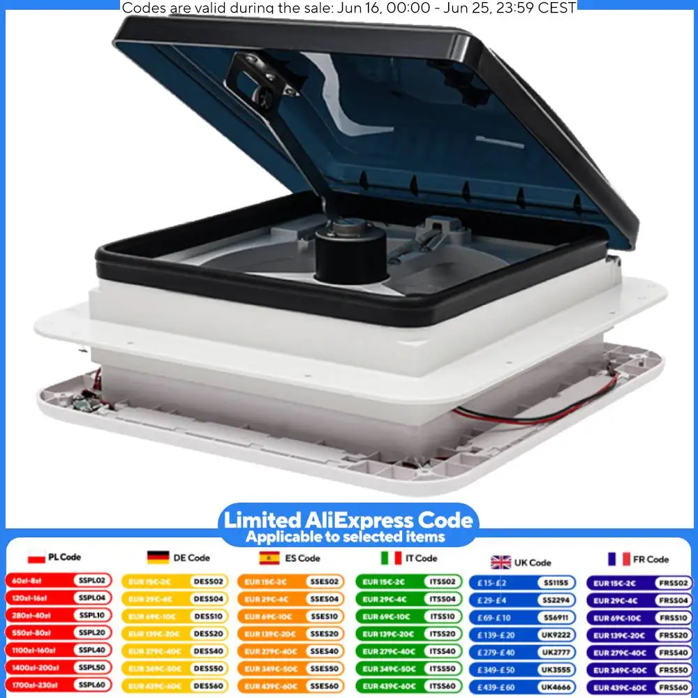 Ventilatore per tetto CE 280x280mm Camper Caravan Protezione insetti in acciaio inossidabile Ventilatore reversibile Luce a LED Risparmio energetico