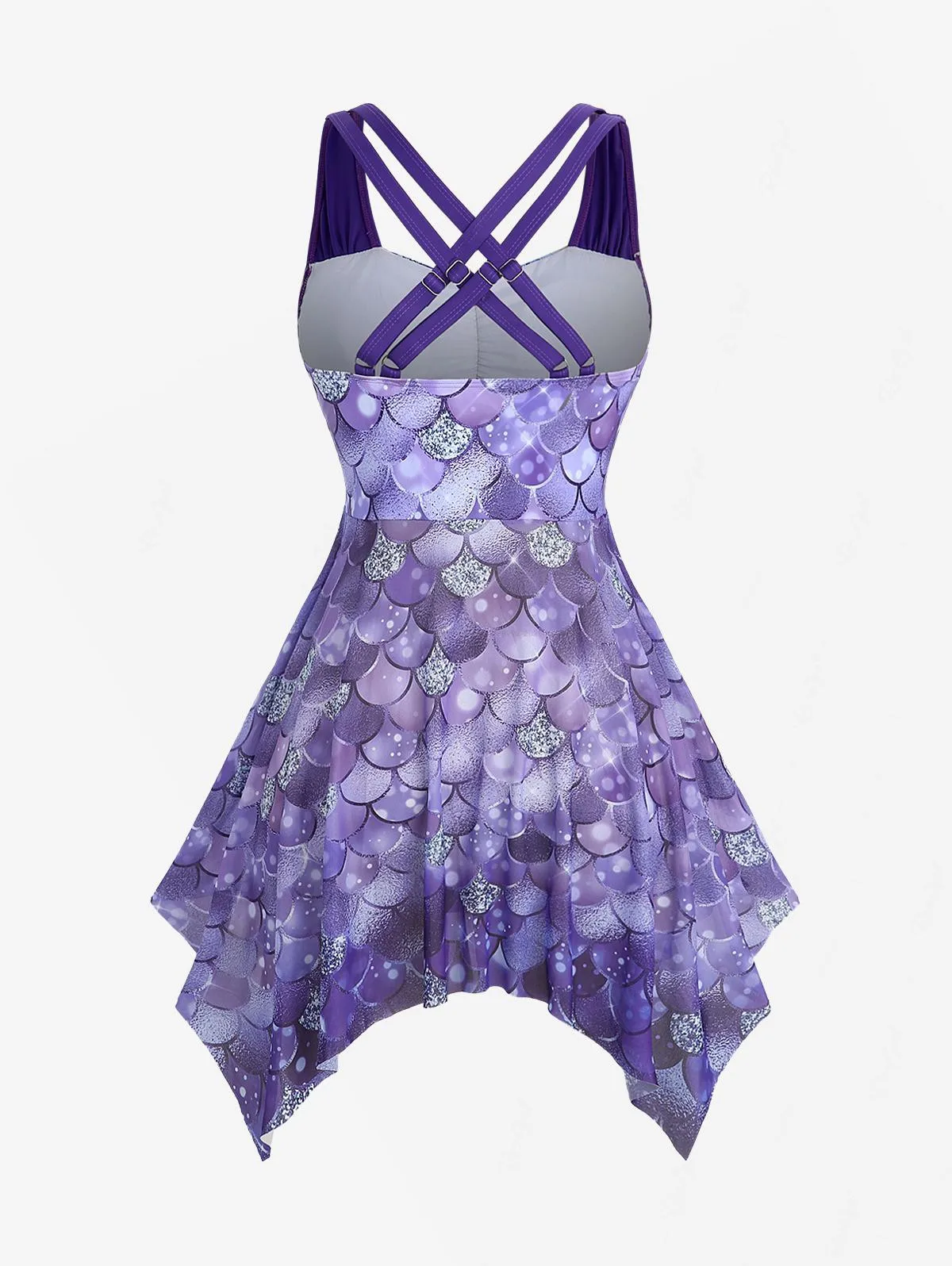 Rosegal Maiô feminino plus size com estampa sereia e renda franzida em treliça e alças cruzadas Boyleg Tankini