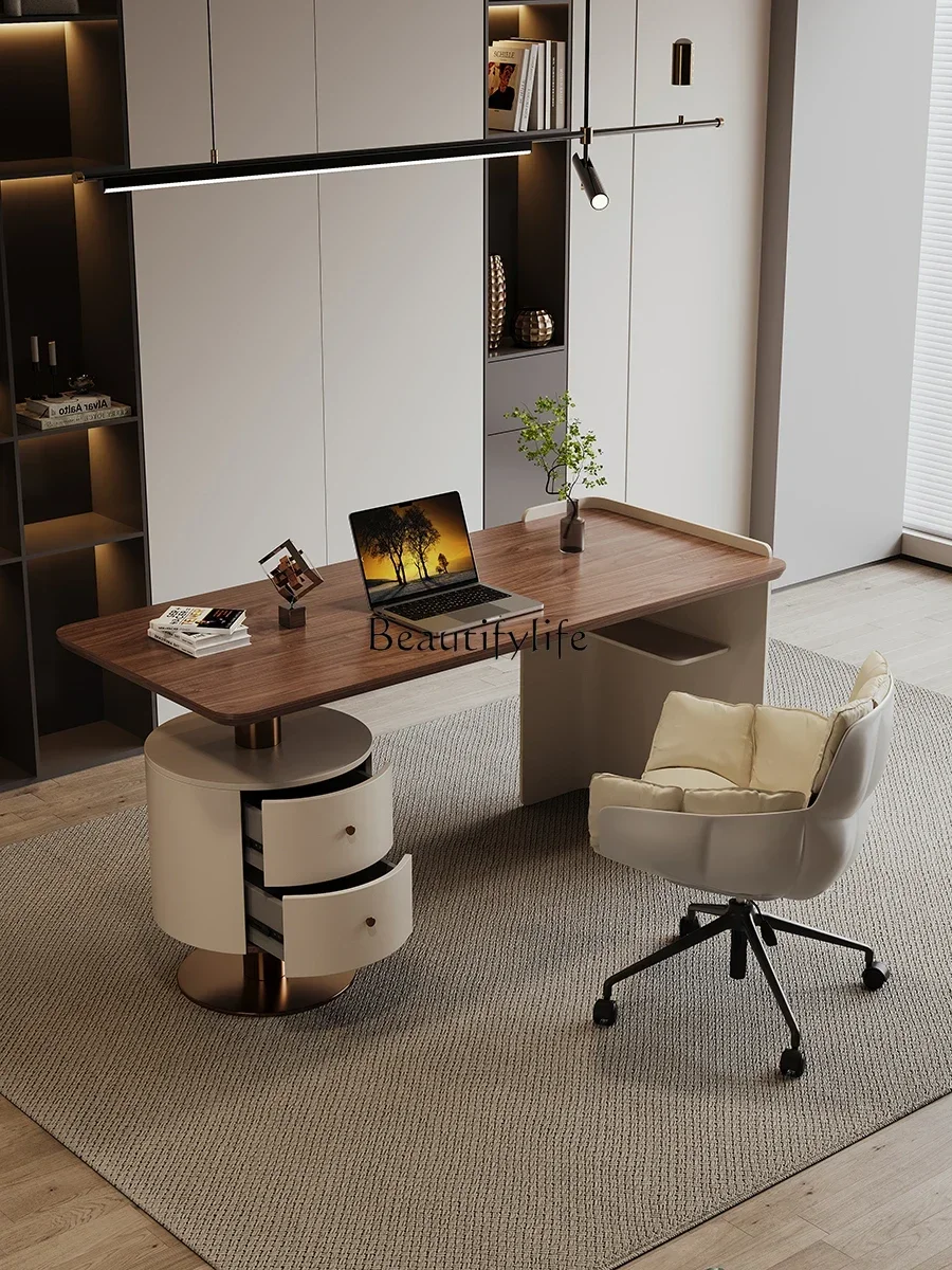 

56Minimalist Saddle 56eather High-End Solid Wood Desk Veneer of Juglans Regia Office Computer Negotiation Desk