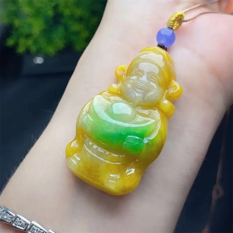 

Jadeite Myanmar natural glutinous ice species God of Wealth pendant Huang Fei carving lucky jade three-dimensional pendant full