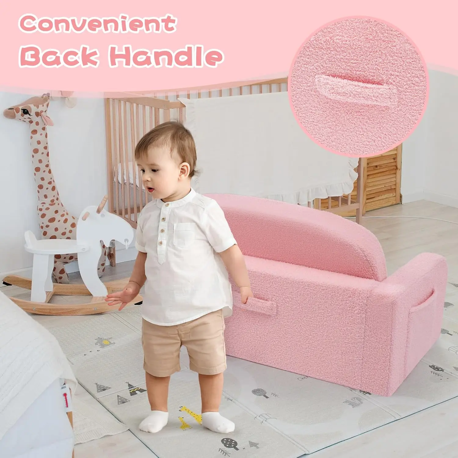 2-in-1 Convertible Kids Sofa with Rainbow Design, Soft Blanket, and Portable Handle for Toddlers