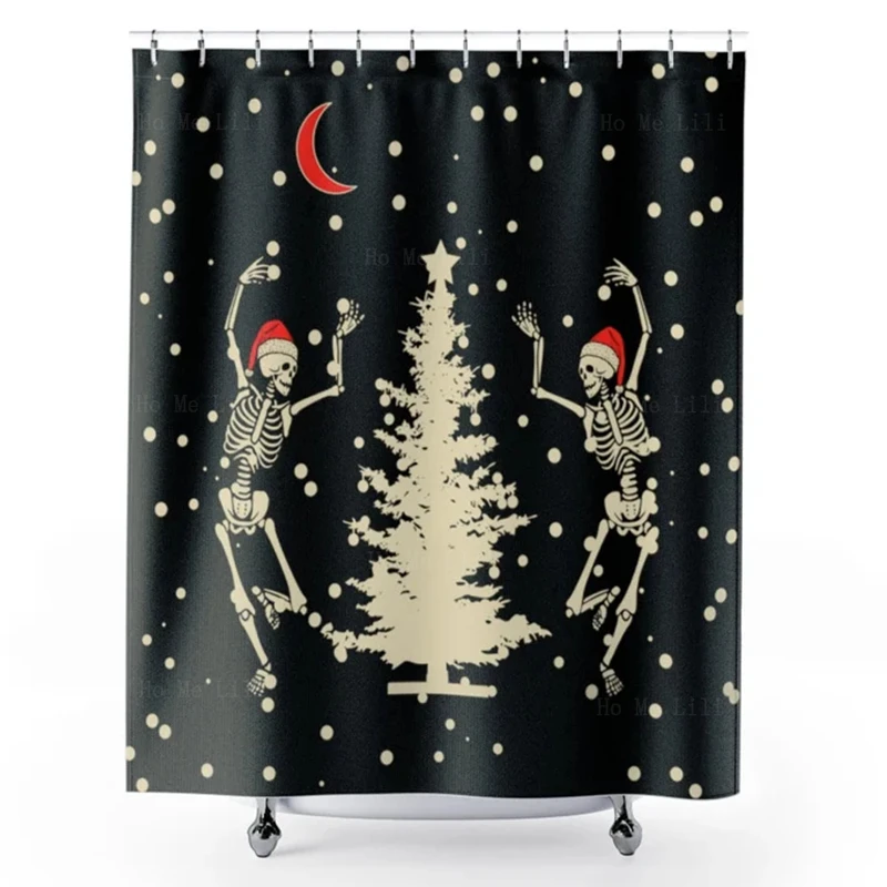 Black Steampunk Gothic Skull With Flowers Christmas Skeleton Shower Curtains Goth Dark Festival Decor Spooky Holidays