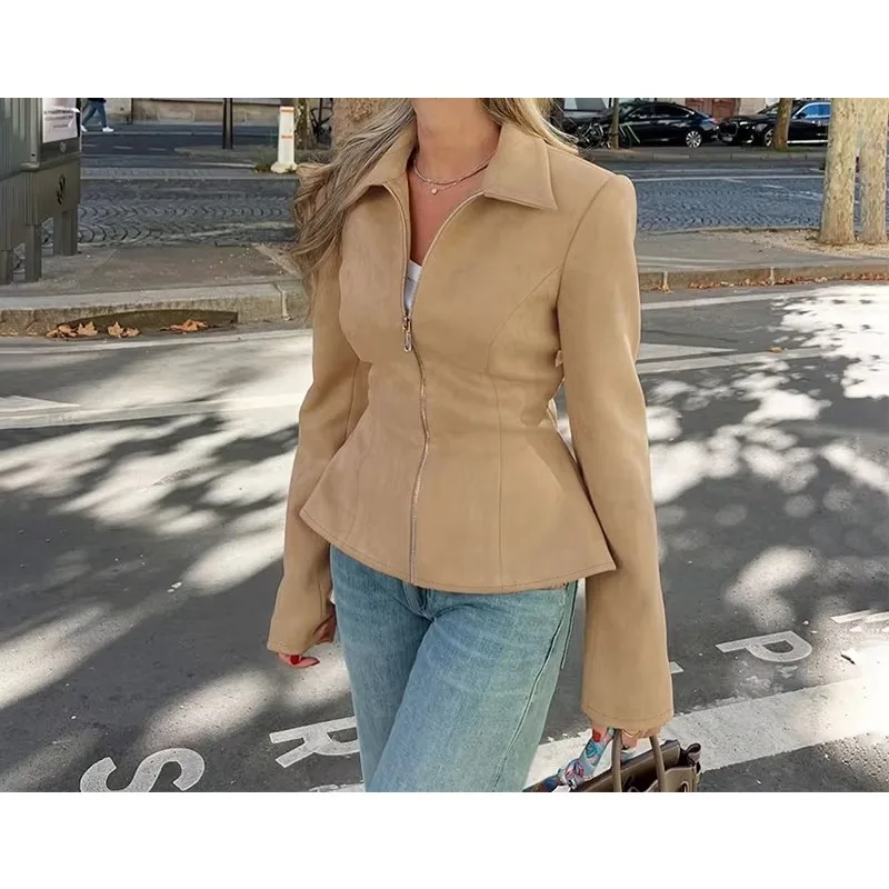 Women Winter Suede Short Coat Vintage High Waist Slim Fit Street Lapel Office Commuting