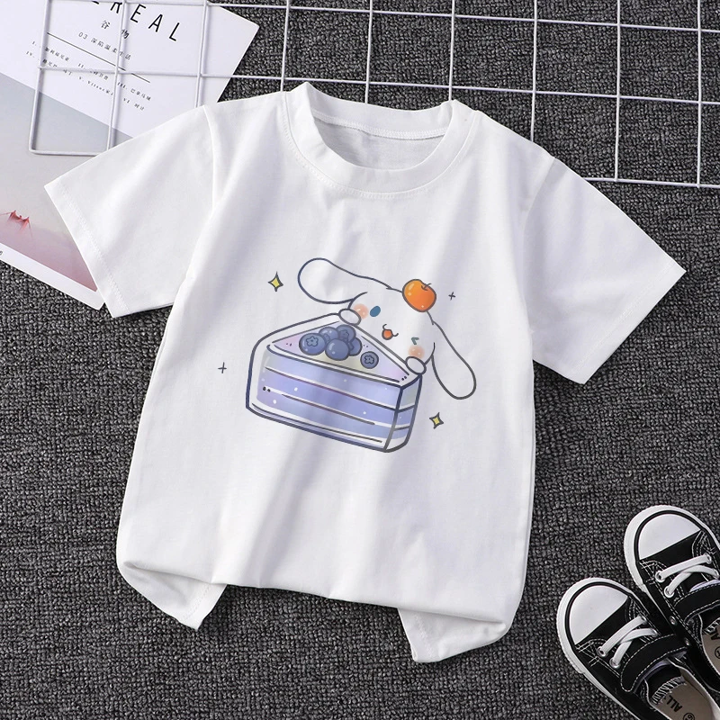 

Sanrio Children Y2K T-shirt Kawaii Anime T Shirt Cinnamoroll Cake Print Cartoon Casual Clothes Kid Clothing for Girls Tee Shirts