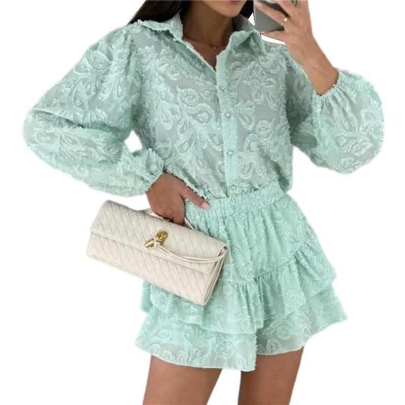 ABRT-Damen 2-teiliges Spitzenbluse-T-Shirt-Oberteil, figurbetonte Shorts, Party, Clubwear, Trainingsanzug, Outfits-Set