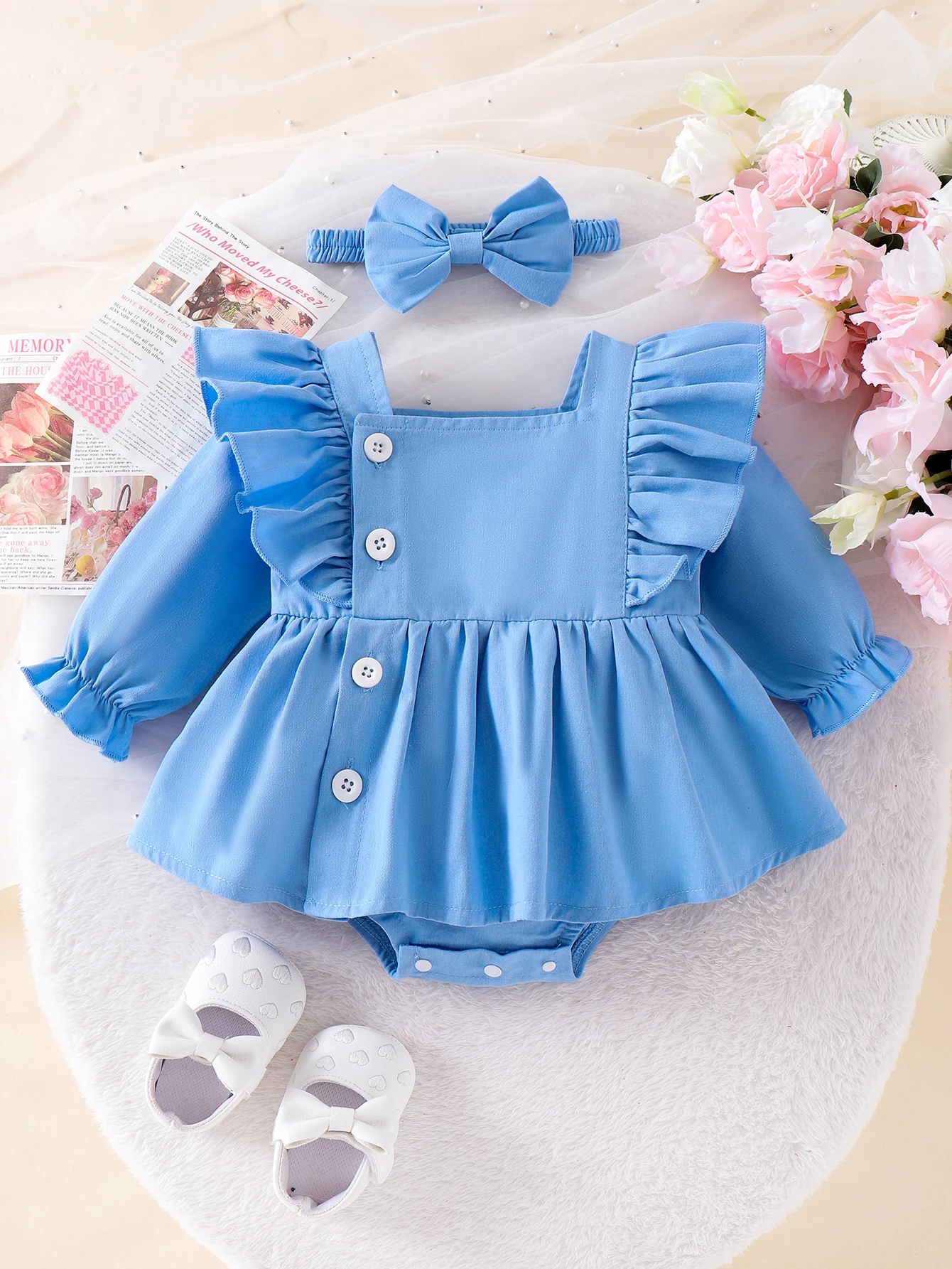 2PCS Autumn 0-1 Year Old Girl Newborn Baby Comfortable Simple And Cute Blue One-Piece Suit + Hair Band