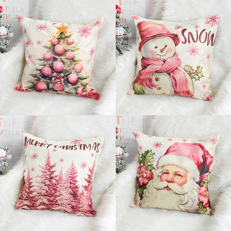 Leinen Frohe Weihnachten Kissenbezug 45x45cm Weihnachtsmann Dekokissenbezug Weihnachtsdekoration für Zuhause Hirsch Sofa Kissenbezug
