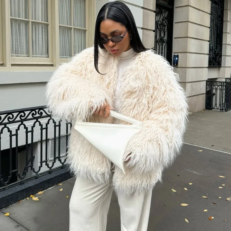 معطف فرو مزيف أنيق من Tuularose للنساء أنيق منفوش دافئ بأكمام طويلة سترة فضفاضة فاخرة للشتاء للسيدات ملابس خارجية للشارع اليومي