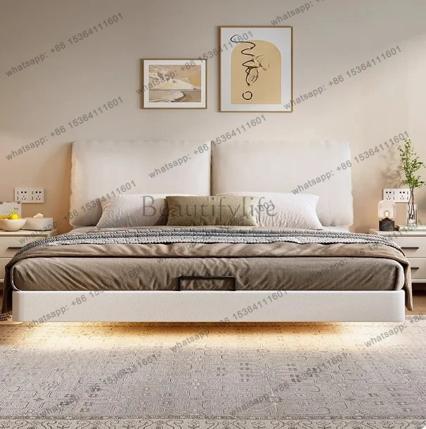 

Elephant ear suspension bed Small apartment thin bedside master bedroom large bed all solid wood soft bag bed customization