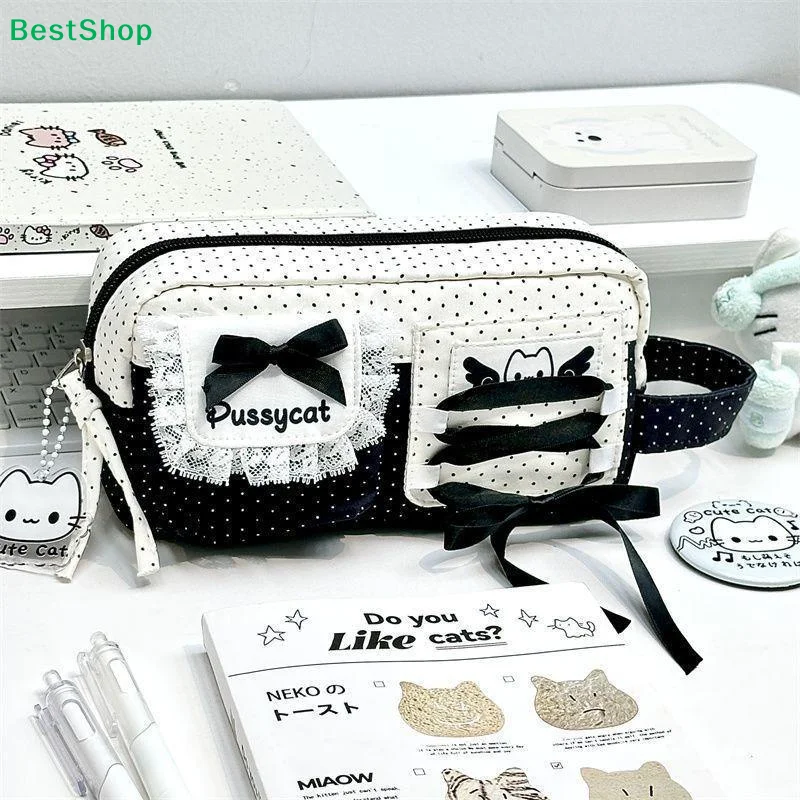 〔P〕Bogen-Spitzen-Design-Federmäppchen, große Kapazität, mehrschichtige Stifttasche, gepunkteter Handtaschen-Organizer für Schreibwaren, Schulbedarf