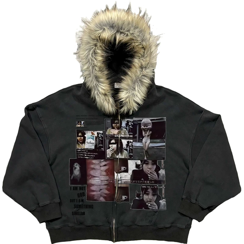 Thrilling retro Y2k Gothic millennium thick warm fur collar hooded sweater lazy cardigan plush couple autumn and winter coat