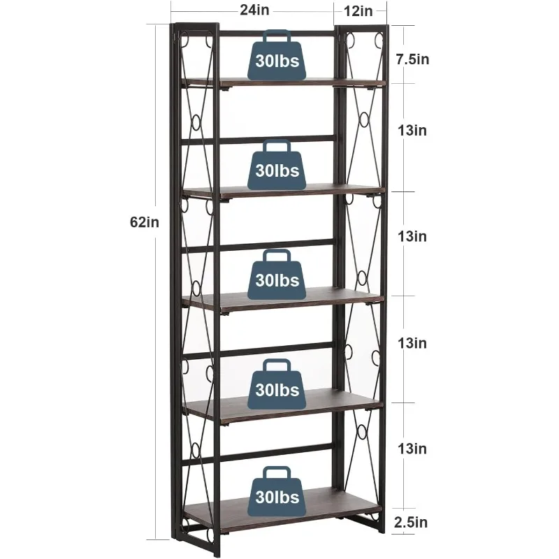 Folding Bookshelf,5 Shelf Bookcase No Assembly, Industrial Metal Frame Shelves Rack Organizer for Living Room, Office