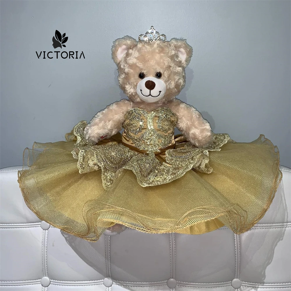 

Golden Lace Applique Personalized Quinceanera Teddy Bear Dress Sweetheart Flowers Appliques Crystals Bead Off The Shoulder