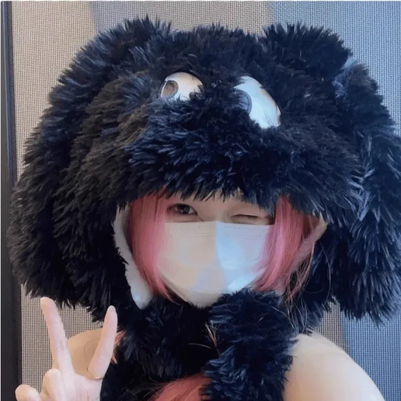 귀여운 큰 눈 강아지 귀 플러시 모자 두꺼운 따뜻한 레이스업 레이펑 스타일 여성용 가을 겨울 소녀 귀 보호 모자