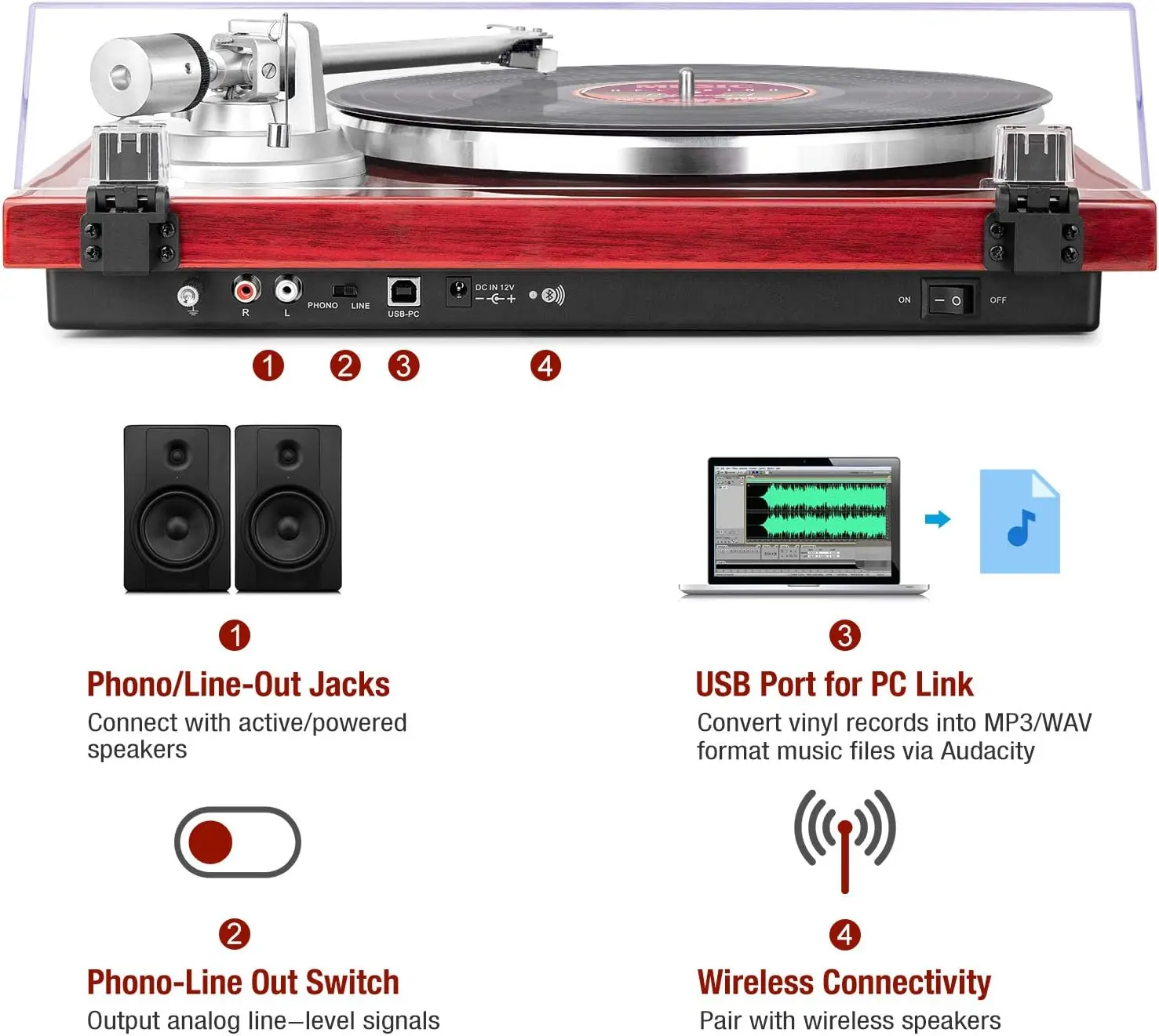 Imagem -05 - Belt Drive Turntable com Conexão Bluetooth Built-in Phono Pré-amp Saída Digital Usb Vinil Toca-discos Estéreo by