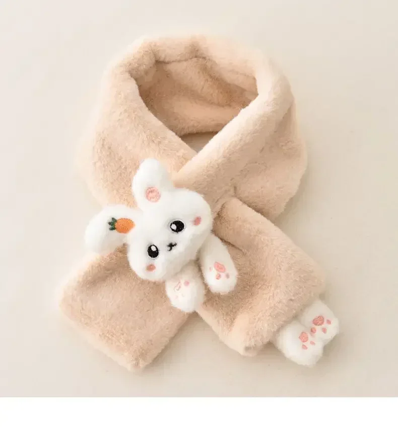 

Boys Girls Winter Scarfs Thick Plush Cross Children's Scarf Baby Bib Cute Cartoon Rabbit Faux Fur Neck Protection Warm Shawl