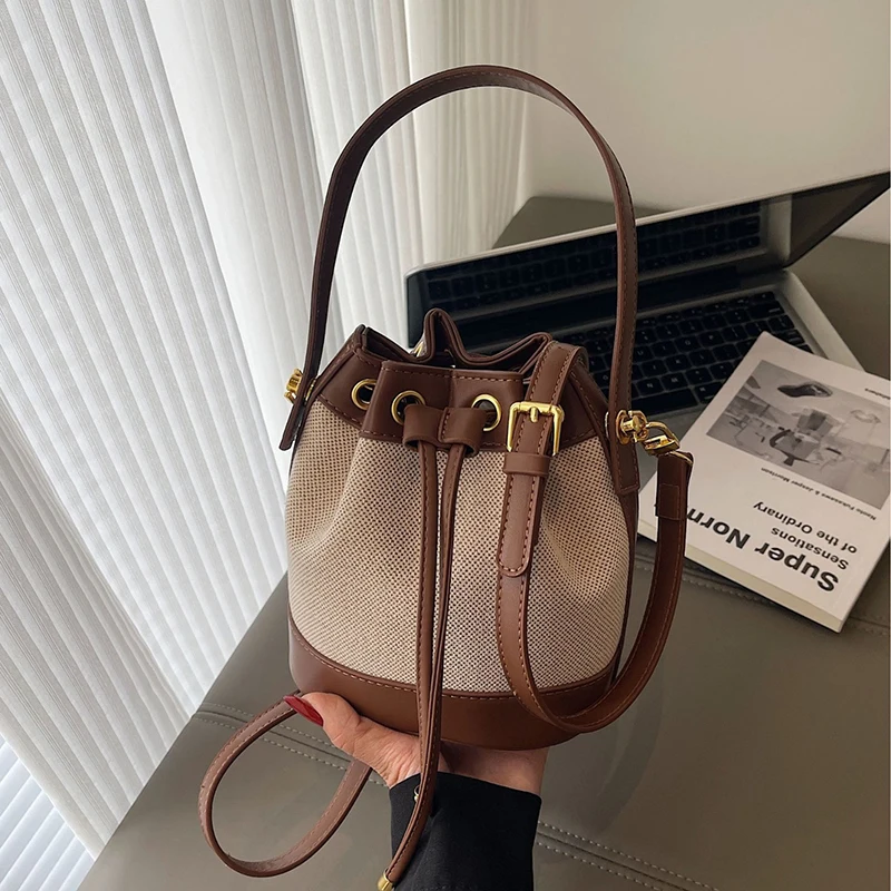 

Vintage Canvas Handbags For Women Trendy Versatile Large Capacity Bucket Bags Korean Casual Commuting Mini Crossbody Bag