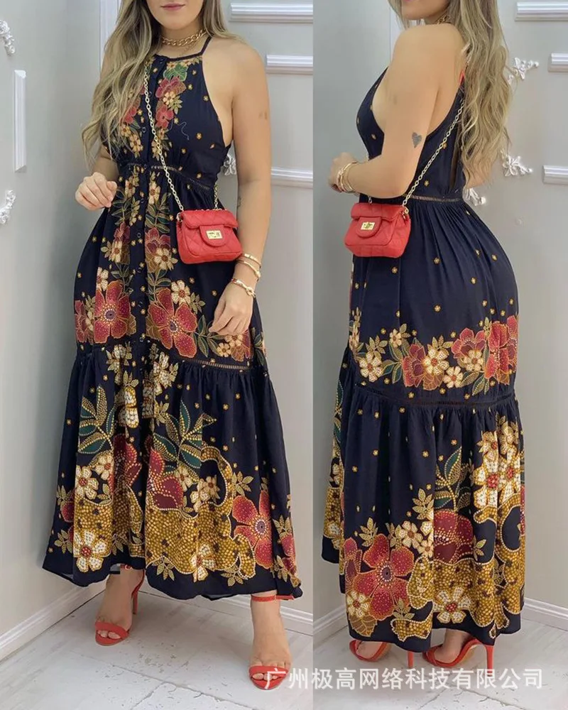 

Summer Fashion Vacation Casual Women's Dress Elegant Floral Print Spaghetti Strap High Waist Loose Fit Smoked Maxi Dress