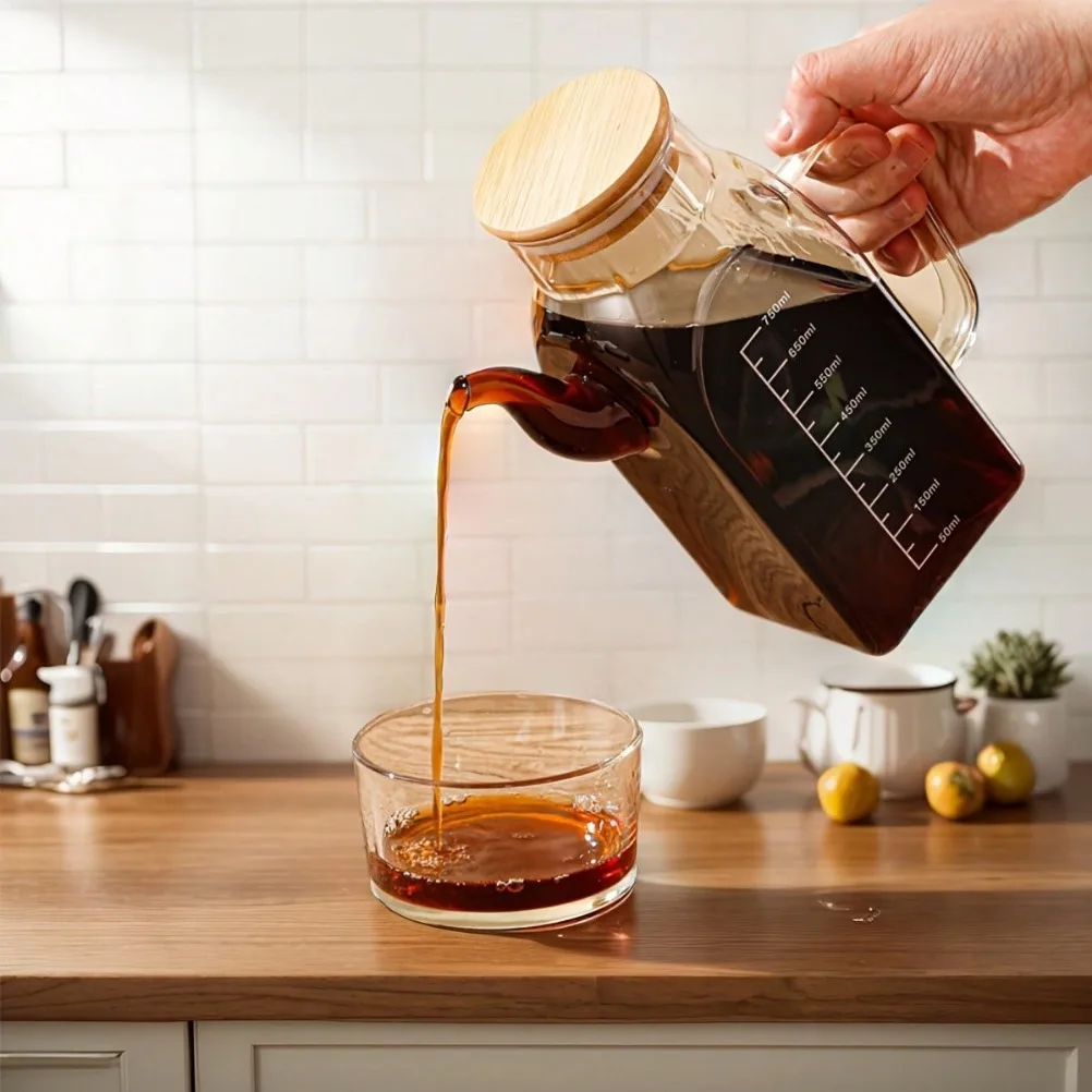 Glass Oil Pot 1000ml Large Capacity Vinegar Pot with Lid with Measurement Markings Hand Wash Only -Home Use Kitchen Accessories